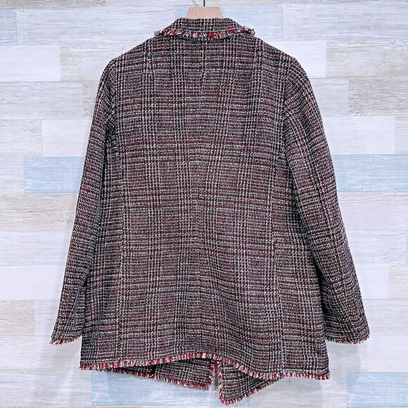 Banana Republic Boucle Long Jacket Black Red Fringe Trim Open Front Womens 10 - Picture 4 of 7